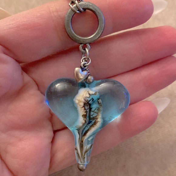 Handmade ant. silver plated finish necklace w/  heart aqua lampwork pendant - Picture 3 of 4